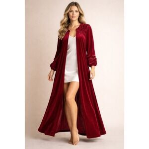 Delicates Red Velvet Robe Smocked Shoulder Cuff Long Sleeve Open Front Small